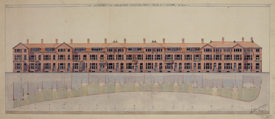 217041 Plattegrond (ged.) en opstand van het ontwerp voor een blok van 14 herenhuizen met voortuin aan de Verlengde ...